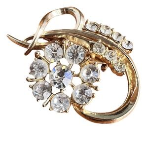 Vintage Coro Flower Brooch Gold Tone Clear Rhinestones Classic Signed Floral Pin